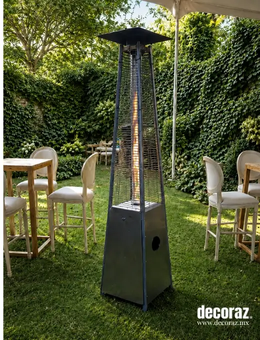 Renta de calentadores para evento en jardín con mesas al aire libre